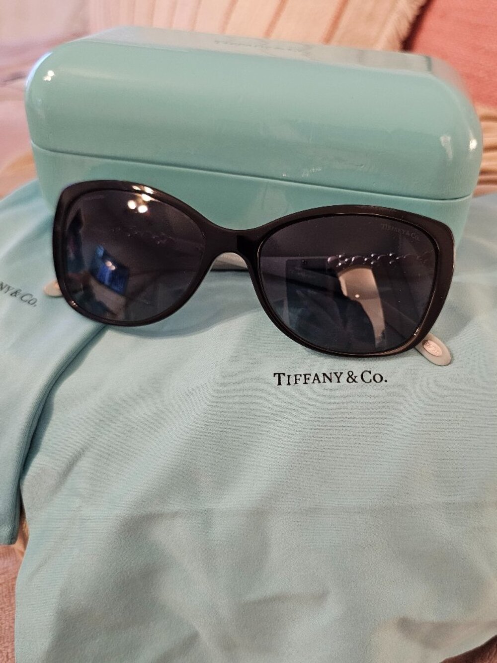 Tiffany & Co Pearl Crystal Sunglasses TF 4089-B Black Tiffany Blue Frame 57mm